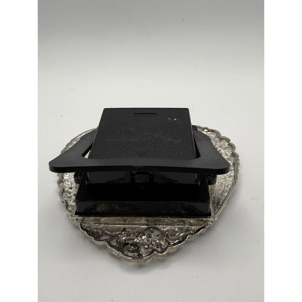 Vintage Style Heart Shaped Desk Clock Silver Filigree Rhinestone Cream‎ Enamel